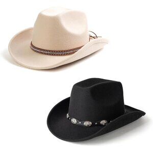 Unisex Black & Beige Pack of 2 Rhinestone Band Buckle Fedora Cowboy Felt Hat